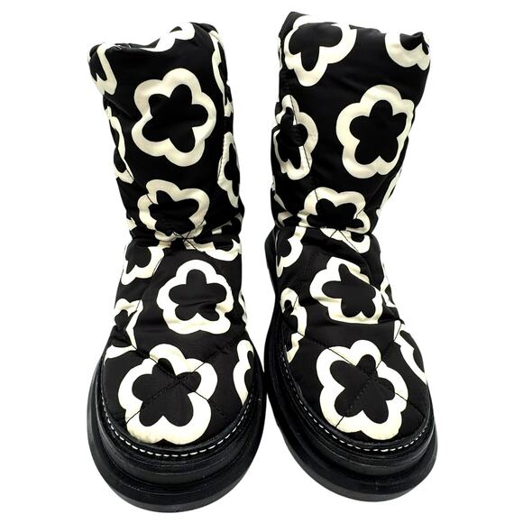 TORY BURCH Women's 9.5 Black White Floral Sleeping Bag Pull On Boots Limited - Picture 4 of 9